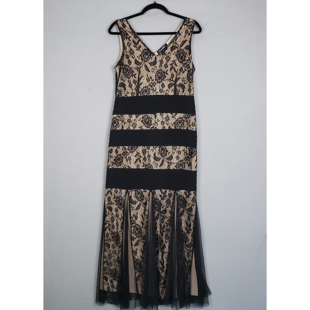 Candalite Size M Sleeveless Maxi Evening Dress Black Beige Lace Tulle Whimsigoth